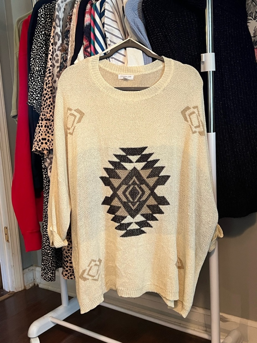Chic Soul Cream Sweater with Black Aztec Motif